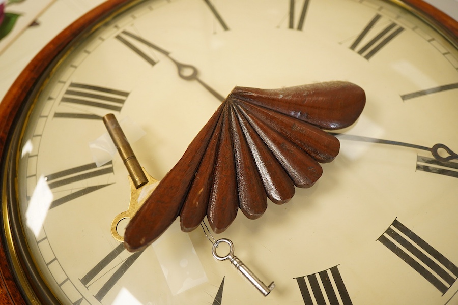 A 19th century mahogany drop dial fusee wall timepiece, with brass inlay and a painted 12 inch dial